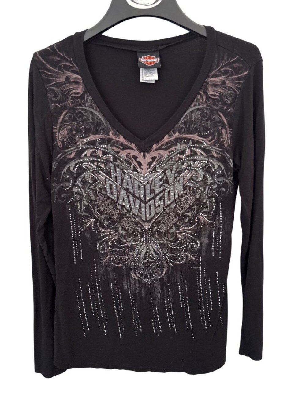Harley Davidson T Shirt Size Medium V Neck Long Sleeve Rhinestone Embellished